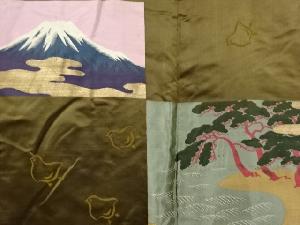 アンティーク　千鳥に松・富士模様織り出し緞子肩裏紋付羽二重男物羽織